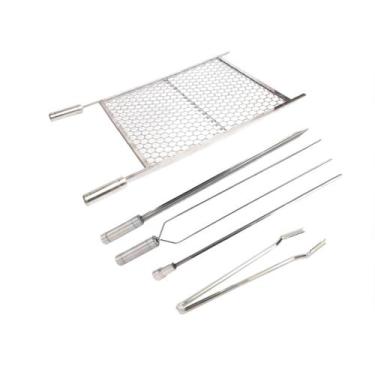 Imagem de Kit Grelha Inox 70x60 E 4 Espetos E Pegador Carnes Churrasco - INOX LA