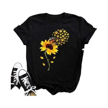 Imagem de Camiseta Preta Com Estampa De Borboleta E Girassol Kawaii Para Mulhere