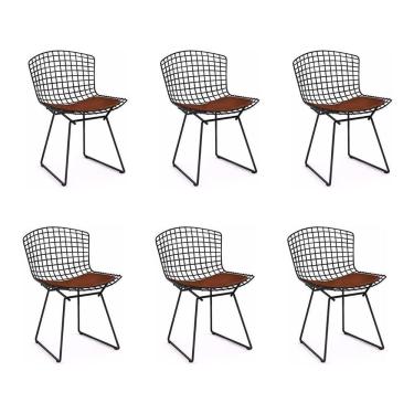 Imagem de Kit 6 Cadeiras Bertoia Preta Com Assento Marrom