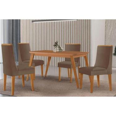Imagem de Sala Jantar Mesa Havana Tampo Curvo 120cm+4 Cadeiras Dakota Madeira Na