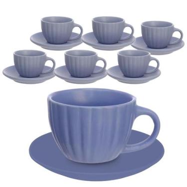 Imagem de Jogo De 6 Xícaras De Cerãmica Com Pires Café Chá 90ml - Haüskraft, Azu