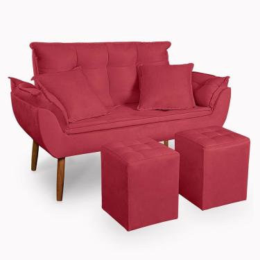 Imagem de Kit Poltrona Decorativa Namoradeira 2 Puffs Quadrado E 2 Almofadas Suede - Lm Decor Cor:vermelho