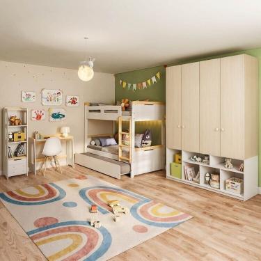 Imagem de Quarto Completo Guardar-roupa Curió, Treliche, Escrivaninha, Estante Petit Casatema Madeiraoriginals Branco/Mel