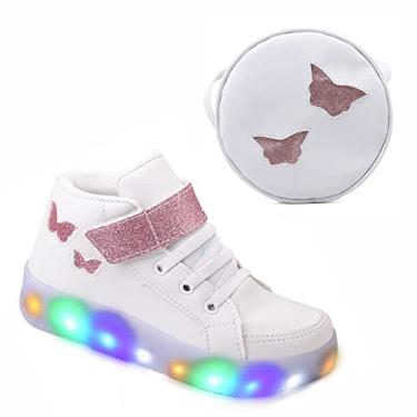 Imagem de Tenis Feminino Botinha De Led Tira Colante Borboleta Glitter Luzinha + Bolsinha Cor:Branco;Tamanho:29