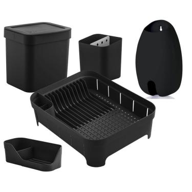 Imagem de Kit Cozinha Escorredor Louças Talheres Lixeira 4,7L Organizador De Pia Porta Sacolas Preto - Ou