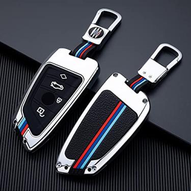 Imagem de Hacreyatu Chaveiro de liga de zinco para chave Fob Cover para B-MW G01 G02 G30 X1 X3 X4 X5 G05 X6 Série 7 G11 F48 F39 520 525 f30 118i 320i (Prata, 4 botões - Diamante)