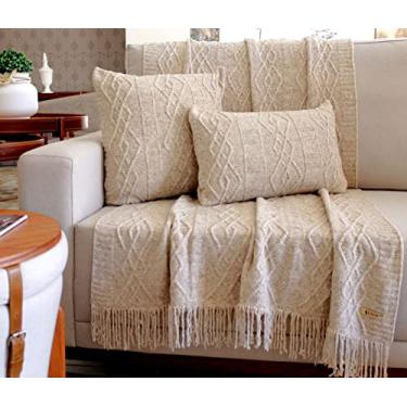 Imagem de KIT MANTA SOFA TRICO CARMEN 150X90cm + 2 CAPAS DE ALMOFADA 45x45cm Cor:linho papiro