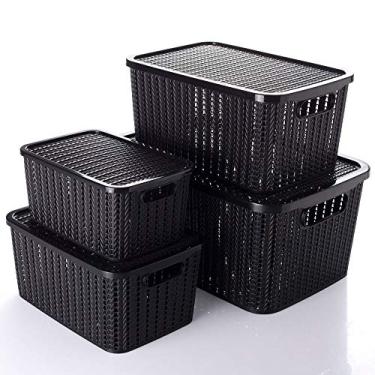 Imagem de Conjunto de 4 Caixas Organizadoras de Plástico Retangulares Trama Plasútil, Preto