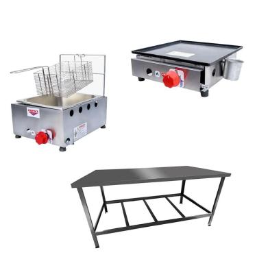 Imagem de Kit Lanchonete Mesa de Manipulação 120x55cm + Fritadeira a Gás 1 Cuba + Chapa a Gás 30cm Alcamar