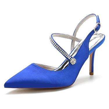 Imagem de Sapato feminino bico fino casamento strass Mary Jane salto festa vestido sapatos formatura cetim slingback oblíquo, Azul (blue), 10