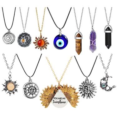 Imagem de YIISIIY Colar com pingente de cristal, 12 peças, colar com olho turco, colar de girassol, colar hippie, conjunto de acessórios de joias estéticas para mulheres, homens e meninas, Zinco, Sem Pedra Preciosa
