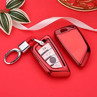 Imagem de YJADHU Capa de chave de carro TPU capa de chave protetor chaveiro anel, apto para BMW X5 F15 X6 F16 G30 7 G11 X1 F48 F39, vermelho com chaveiro