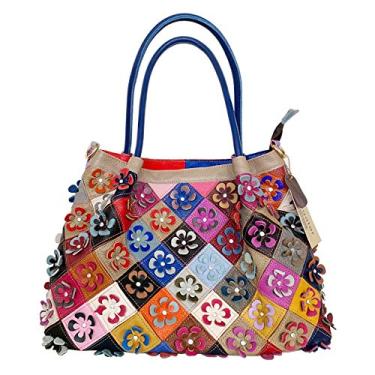 Imagem de Bolsa feminina multicolorida floral grande de couro genuíno colorido 3D, Multicolorido.