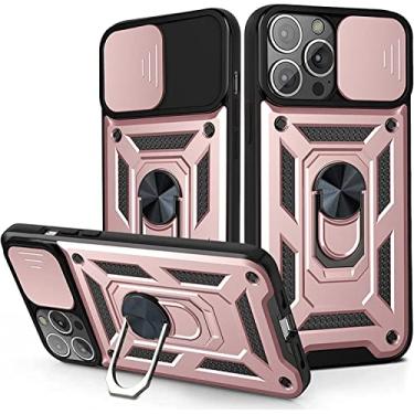 Imagem de Wscebck Capa para iPhone 13/13 Mini/13 Pro/13 Pro Max, capa protetora de telefone à prova de choque de grau militar com ímã de suporte de anel de metal com capa de câmera deslizante (cor: rosa, tamanho: 13pro max 6