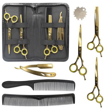 Imagem de Kit para Barbeiro Cabeleireiro Barba Pente Navalhete Tesouras Aço Inox