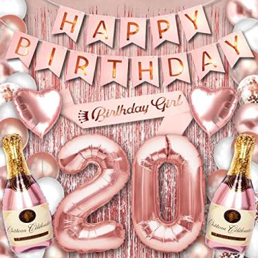 Imagem de 20 artigos de festa para ela, decoração de aniversário de 20 anos, ouro rosa, para mulheres e meninas, com faixa de balão de feliz aniversário e balões de dígitos, incluindo balões de látex e confete