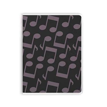 Imagem de Caderno preto com notas musicais roxas escuras, capa de goma