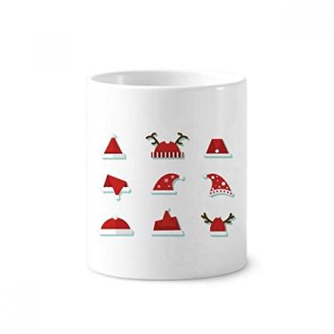 Imagem de Chapéu colorido Merry Christmas com ilustração e suporte para caneta de escova de dentes Caneca de cerâmica com suporte para lápis