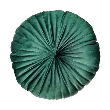 Imagem de Díspar Design Almofada Redonda Rendy em Veludo Verde Escuro 35x35 cm Macia com Bordado Geométrico Dupla Face