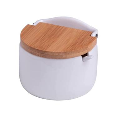 Imagem de Saleiro de Porcelana Branco Tampa de Bambu Acompanha Colher