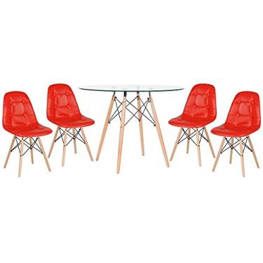 Imagem de Loft7, KIT - Mesa de vidro Eames 100 cm + 4 cadeiras Eames Botonê Vermelho