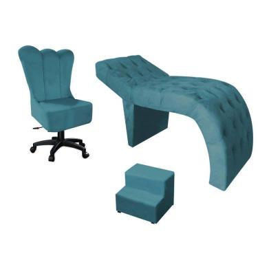Imagem de Kit Maca Estética Com Cadeira Mocho Giratória E Escadinha Suede Azul Turquesa - D House Decor