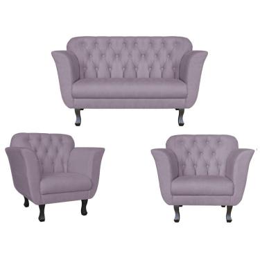 Imagem de Kit Namoradeira + 2 Poltronas Decorativa Dália Suede Rosê Pés Madeira Ms Decor
