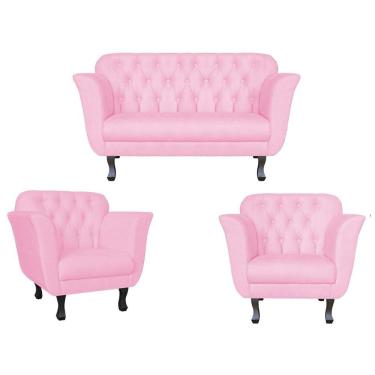 Imagem de Kit Namoradeira + 2 Poltronas Decorativa Dália Suede Rosa Bebê Pés Madeira Ms Decor