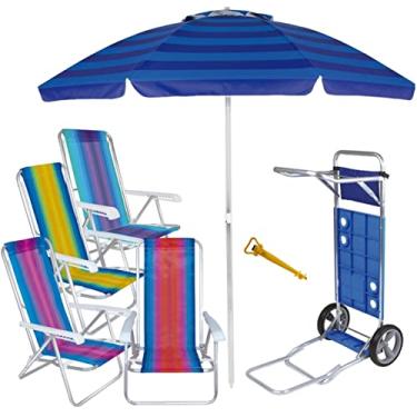 Imagem de Kit Praia Carrinho Com Avanço + 4 Cadeira Reclinável Alumínio 8 Posições + Guarda Sol 2m + Saca Areia - Mor - Sortido