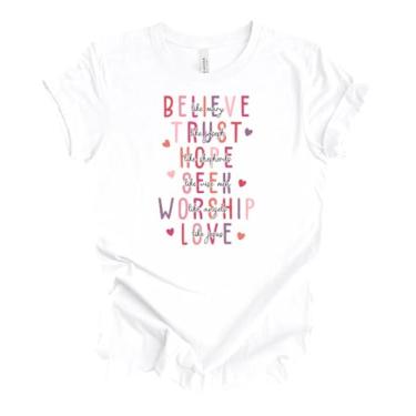 Imagem de Camiseta unissex com estampa Christian Valentine Believe Trust Hope Seek Worship Love The Lord Faith Bible Verse, Branco, M