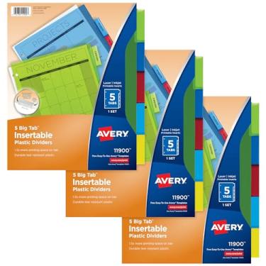 Imagem de Avery Divisórias para 3 fichários, divisórias de plástico com 5 abas, abas grandes inseríveis, multicoloridas (3 conjuntos de 11900)