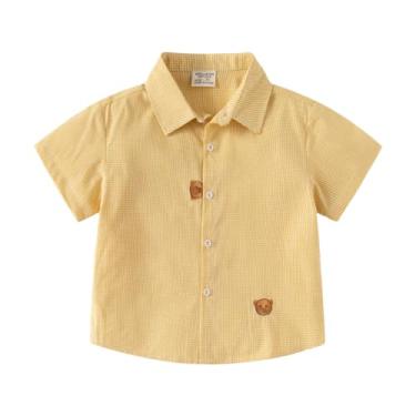 Imagem de Yueary Camiseta infantil infantil com botões xadrez manga curta gola algodão infantil camiseta bordado urso, Amarelo, 110/3-4 Y