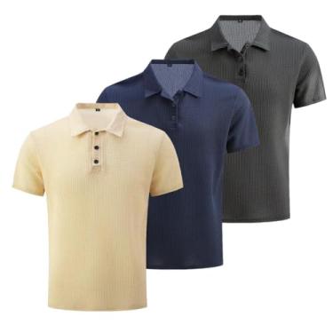 Imagem de 3 peças/conjunto de malha confortável camisa masculina elástica manga curta lapela golfe camiseta verão ao ar livre, presente para homens, Damasco + azul marinho + cinza escuro, P