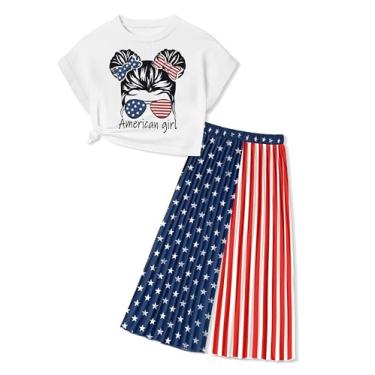 Imagem de ADIFUN Roupas para meninas, blusa cropped plissada, perna larga, 2 peças, camiseta para primavera e verão, Bandeira dos EUA, 6-7 Anos