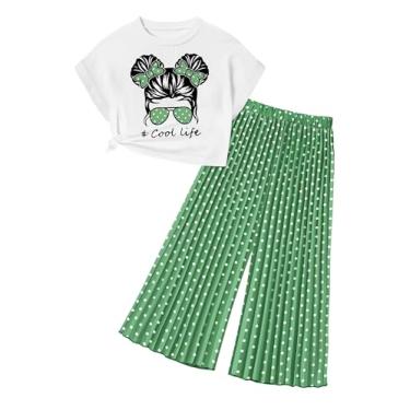 Imagem de ADIFUN Roupas para meninas, blusa cropped plissada, perna larga, 2 peças, camiseta para primavera e verão, Verde, 9-10 Anos