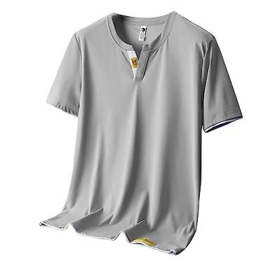 Imagem de Camiseta atlética masculina de manga curta, respirável, fina, lisa, lisa, secagem rápida, gola V, Cinza, XG