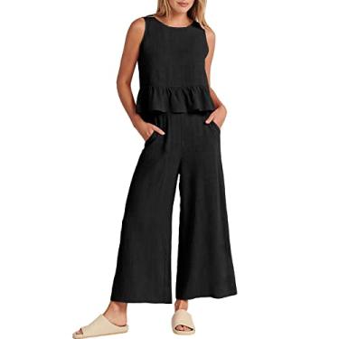 Imagem de Conjunto feminino de verão de 2 peças, de linho, manga curta, conjuntos combinando e calça longa 2024, Za1 - preto, X-Large
