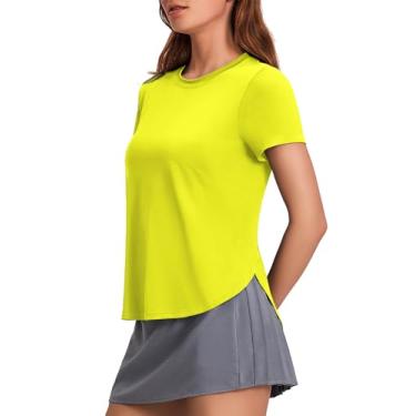 Imagem de PINSPARK Blusas de treino femininas FPS 50+ camisetas de ioga de manga curta atléticas com fendas laterais, camiseta de corrida, academia, caimento solto, Amarelo neon, P