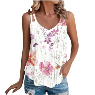 Imagem de Camiseta regata feminina com ilhós de verão 2024 estampa floral casual alças finas sem mangas gola V, rosa, P