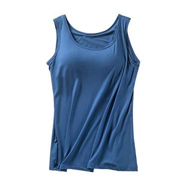 Imagem de Camisetas femininas com sutiã embutido 2024 verão algodão alças finas regatas básicas respiráveis, Azul, P