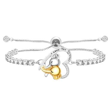Imagem de Oneress Requintada pulseira oca banhada a platina mãe e bebê elefante corações duplos elefante tênis joias presentes para avó mãe filha, Medium, Latão, Zircônia cúbica