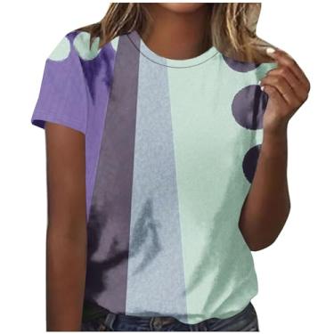 Imagem de MaMiDay Camiseta feminina estampada de patchwork 2024 verão moderna manga curta gola redonda camiseta pulôver leve macio, Roxa, GG