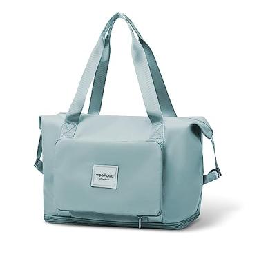 Imagem de WOOMADA Bolsa esportiva de viagem dobrável, bolsas de fim de semana para mulheres, sacola com espaço expansível, bolsas de transporte para aviões com bolso molhado e manga de carrinho, bolsa de ginástica para mulheres, leve, B - água-marinha