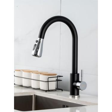 Imagem de Torneiras de cozinha Níquel escovado Pull Out Pia de cozinha Torneira de água Deck Montado Mixer Stream Pulverizador Cabeça Torneiras frias Cromo preto, Cromo preto