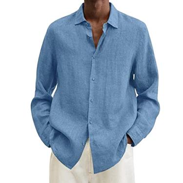 Imagem de Camisetas masculinas de linho gola tartaruga para verão outono manga longa xadrez básica blusa masculina 2024 Y2K, P-626 Azul royal claro, 5G
