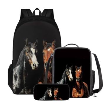 Imagem de Suobstales Mochila escolar com estampa de cavalo preto com lancheira e suporte para lápis, 3 peças, mochila escolar infantil casual com dois compartimentos