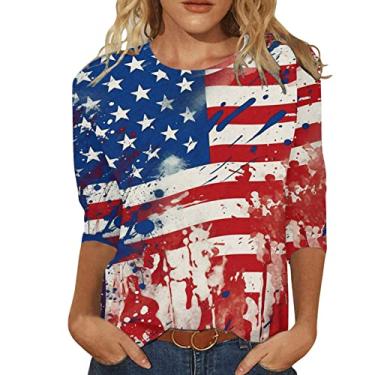 Imagem de Camiseta feminina com bandeira americana manga 3/4 EUA 4th of July Patriotic Tops Loose Star Stripes Camisetas, Vermelho, M