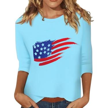 Imagem de Camiseta feminina 4 de julho manga 3/4 Patriótica Dia da Independência Gráfica Bandeira Americana Star Stripe Túnica Blusa, Azul-celeste, GG