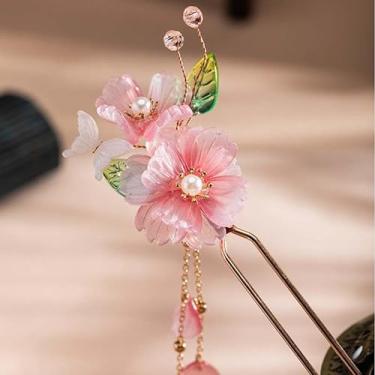Imagem de 1 peça rabithenn Rosa Flor de Pêssego com Folhas e Borlas Grampo de Cabelo Estilo Hanfu Chinês Grampo de Cabelo de Resina Feito à Mão para Mulheres Meninas Cabelo Longo