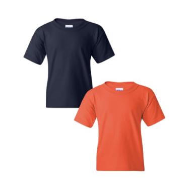 Imagem de Gildan Camiseta juvenil de algodão pesado, estilo G5000B, pacote com 2, Seda azul marinho/coral, M